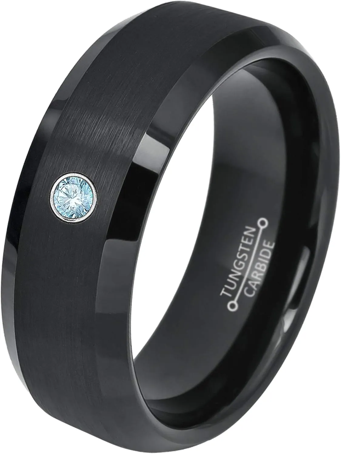 0.07ct Blue Topaz Tungsten Ring - December Birthstone - 8MM Dome Black Ion-Plated Flat Brushed Finish Center Beveled Edge Comfort Fit Unisex Wedding Anniversary Band