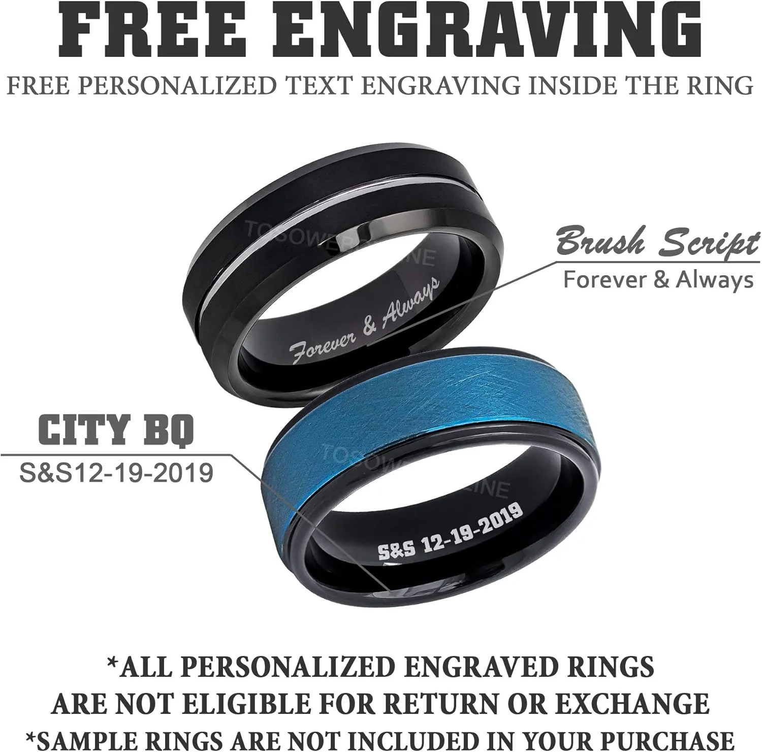 0.07ct Blue Topaz Tungsten Ring - December Birthstone - 8MM Dome Black Ion-Plated Flat Brushed Finish Center Beveled Edge Comfort Fit Unisex Wedding Anniversary Band