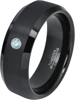 0.07ct Blue Topaz Tungsten Ring - December Birthstone - 8MM Dome Black Ion-Plated Flat Brushed Finish Center Beveled Edge Comfort Fit Unisex Wedding Anniversary Band