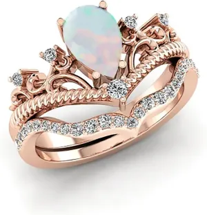 10K 14K 18K Gold Opal Wedding Rings Sets,1 Carat Center Opal Engagement Ring Sets with Moissanites for Her Women Gift for Anniversary Wedding