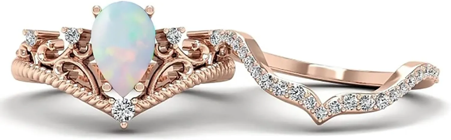 10K 14K 18K Gold Opal Wedding Rings Sets,1 Carat Center Opal Engagement Ring Sets with Moissanites for Her Women Gift for Anniversary Wedding