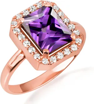 10K Rose Gold Amethyst Radiant Cut Cubic Zirconia Birthstone Halo Ring - Size 11-1/2
