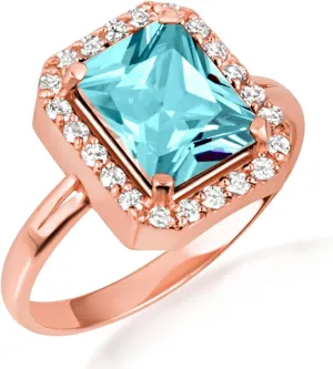 10K Rose Gold Aquamarine Radiant Cut Cubic Zirconia Birthstone Halo Ring - Size 5-1/2