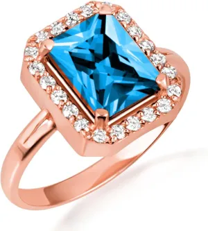 10K Rose Gold Blue Topaz Radiant Cut Cubic Zirconia Birthstone Halo Ring - Size 4-1/2