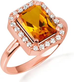 10K Rose Gold Citrine Radiant Cut Cubic Zirconia Birthstone Halo Ring - Size 9-1/2