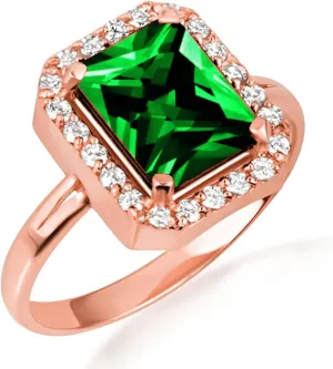 10K Rose Gold Emerald Radiant Cut Cubic Zirconia Birthstone Halo Ring - Size 11-1/4