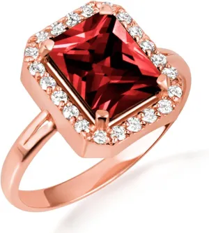 10K Rose Gold Garnet Radiant Cut Cubic Zirconia Birthstone Halo Ring - Size 9-3/4