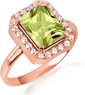 10K Rose Gold Peridot Radiant Cut Cubic Zirconia Birthstone Halo Ring - Size 8