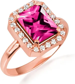 10K Rose Gold Ruby Radiant Cut Cubic Zirconia Birthstone Halo Ring - Size 5-3/4