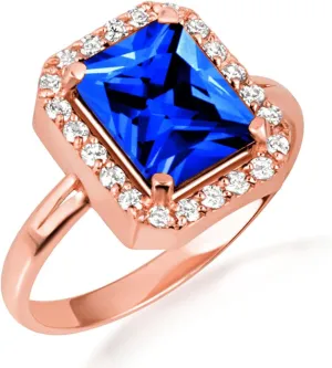 10K Rose Gold Sapphire Radiant Cut Cubic Zirconia Birthstone Halo Ring - Size 11-1/2
