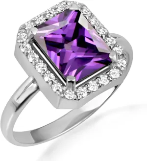 10K White Gold Amethyst Radiant Cut Cubic Zirconia Birthstone Halo Ring - Size 9