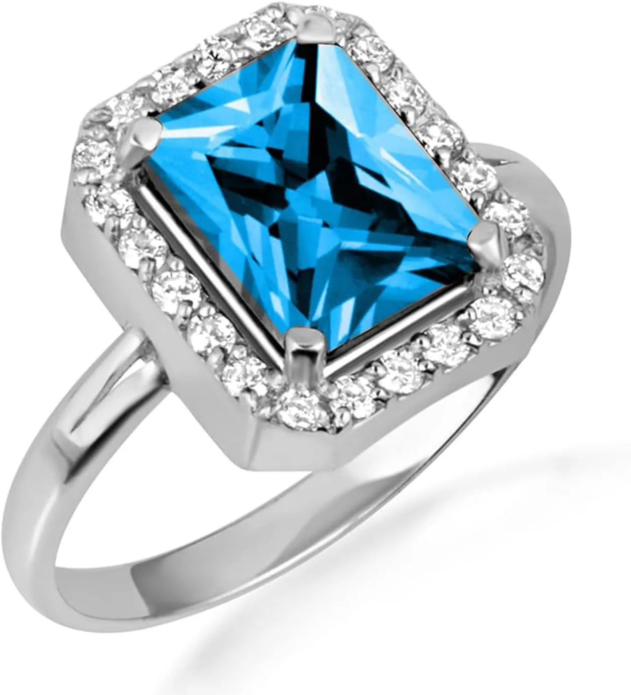 10K White Gold Blue Topaz Radiant Cut Cubic Zirconia Birthstone Halo Ring - Size 4-1/4