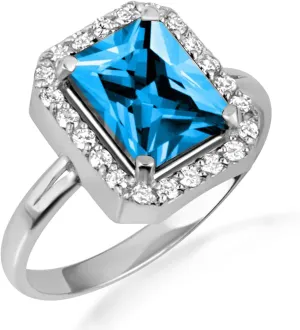 10K White Gold Blue Topaz Radiant Cut Cubic Zirconia Birthstone Halo Ring - Size 4-1/4