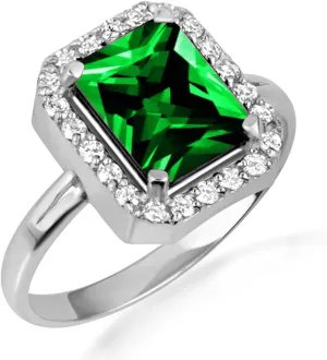 10K White Gold Emerald Radiant Cut Cubic Zirconia Birthstone Halo Ring - Size 7-1/4