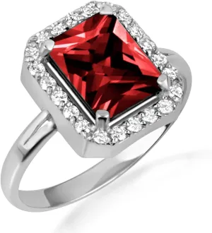 10K White Gold Garnet Radiant Cut Cubic Zirconia Birthstone Halo Ring - Size 6-1/2