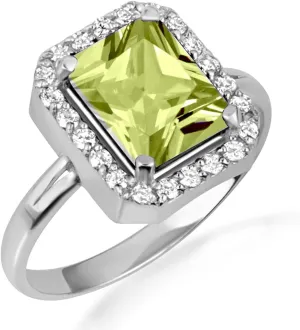 10K White Gold Peridot Radiant Cut Cubic Zirconia Birthstone Halo Ring - Size 4-1/2