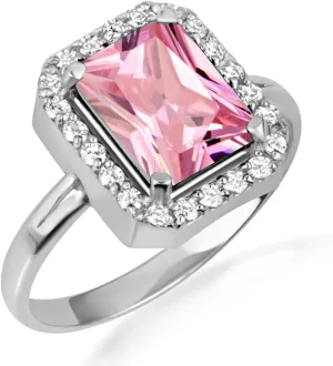10K White Gold Pink Radiant Cut Cubic Zirconia Birthstone Halo Ring - Size 10-1/4