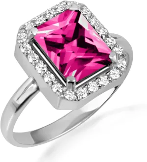 10K White Gold Ruby Radiant Cut Cubic Zirconia Birthstone Halo Ring - Size 8-3/4