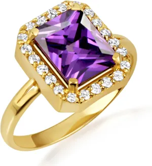 10K Yellow Gold Amethyst Radiant Cut Cubic Zirconia Birthstone Halo Ring - Size 4-3/4