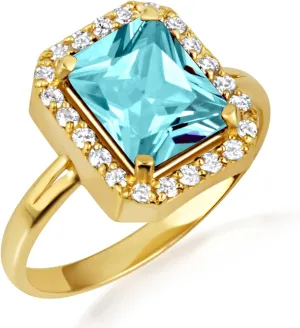 10K Yellow Gold Aquamarine Radiant Cut Cubic Zirconia Birthstone Halo Ring - Size 9