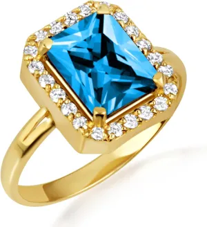 10K Yellow Gold Blue Topaz Radiant Cut Cubic Zirconia Birthstone Halo Ring - Size 10