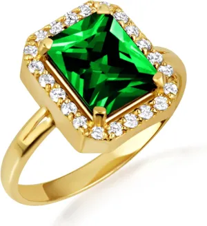 10K Yellow Gold Emerald Radiant Cut Cubic Zirconia Birthstone Halo Ring - Size 10-1/4