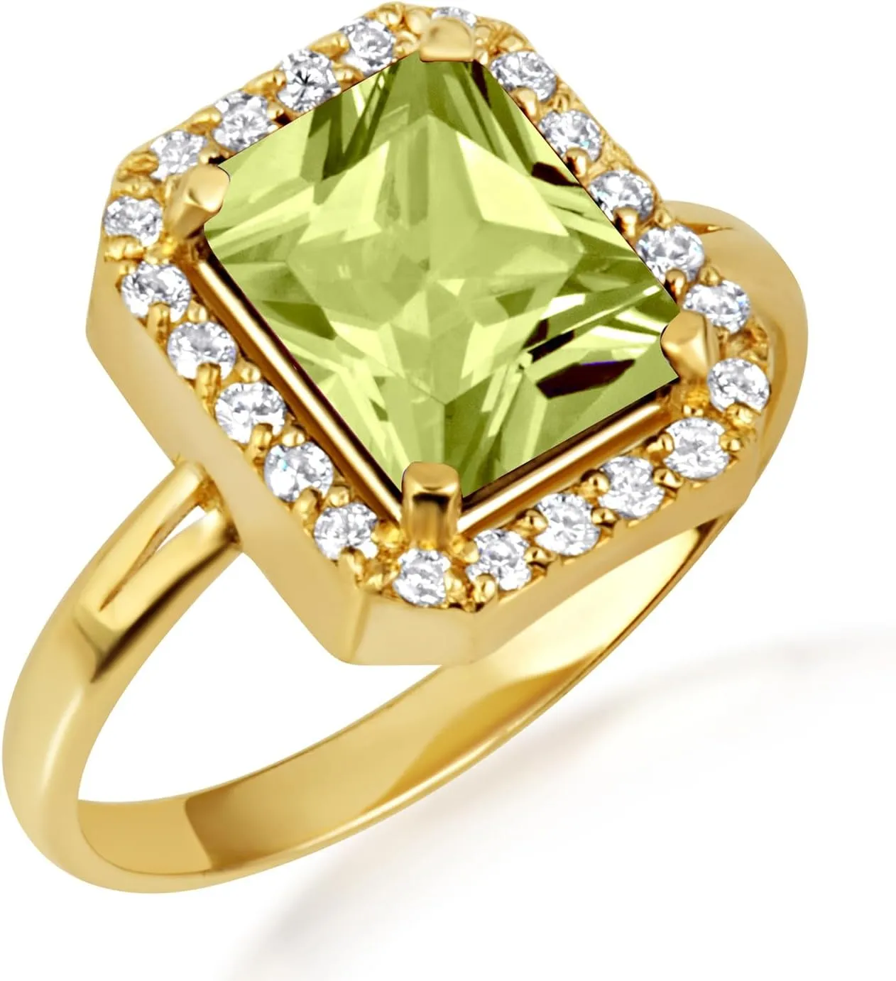 10K Yellow Gold Peridot Radiant Cut Cubic Zirconia Birthstone Halo Ring - Size 9-1/4