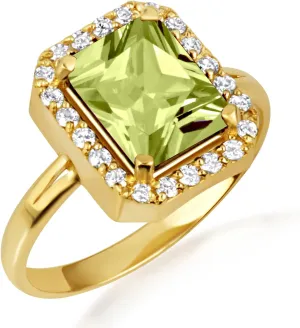 10K Yellow Gold Peridot Radiant Cut Cubic Zirconia Birthstone Halo Ring - Size 9-1/4