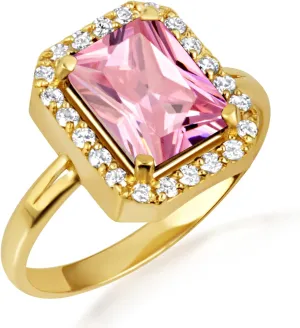 10K Yellow Gold Pink Radiant Cut Cubic Zirconia Birthstone Halo Ring - Size 11-1/4
