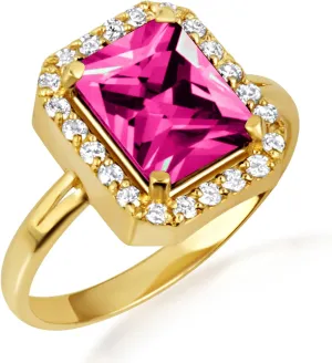 10K Yellow Gold Ruby Radiant Cut Cubic Zirconia Birthstone Halo Ring - Size 4
