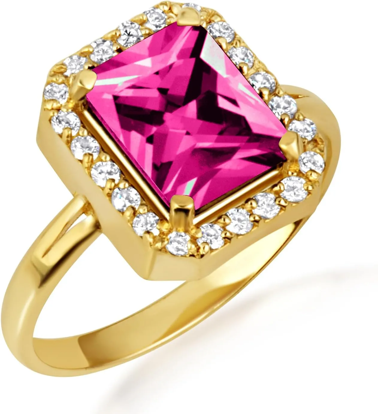 10K Yellow Gold Ruby Radiant Cut Cubic Zirconia Birthstone Halo Ring - Size 4