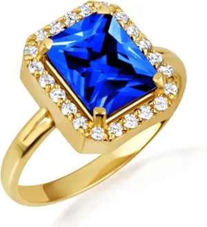 10K Yellow Gold Sapphire Radiant Cut Cubic Zirconia Birthstone Halo Ring - Size 9