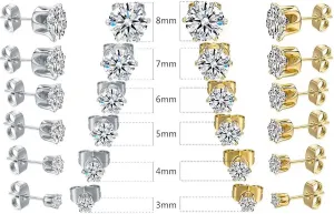 12 pairs of unisex earrings, colored zirconium drill, 316L stainless steel ear support, hypoallergenic earrings, colored earrings and gold and silver earrings, suitable for girls' earrings and various occasions