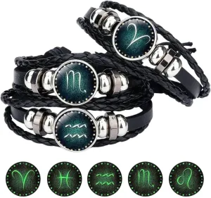 12 Zodiac Sign Glow in The Dark Bracelet & Bangle for Women Men Glass Constellations Charm Leather Rope Chains Fashion Jewelry