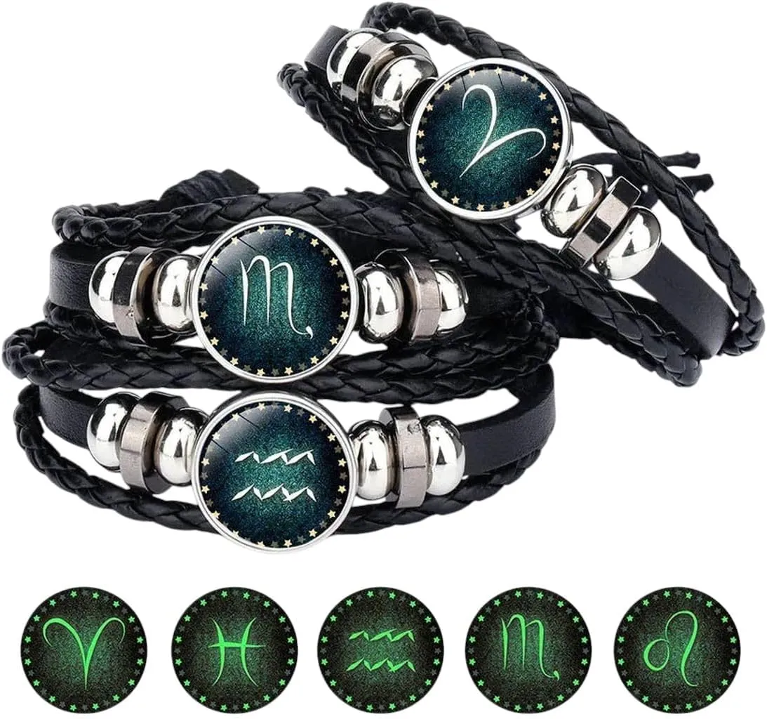 12 Zodiac Sign Glow in The Dark Bracelet & Bangle for Women Men Glass Constellations Charm Leather Rope Chains Fashion Jewelry
