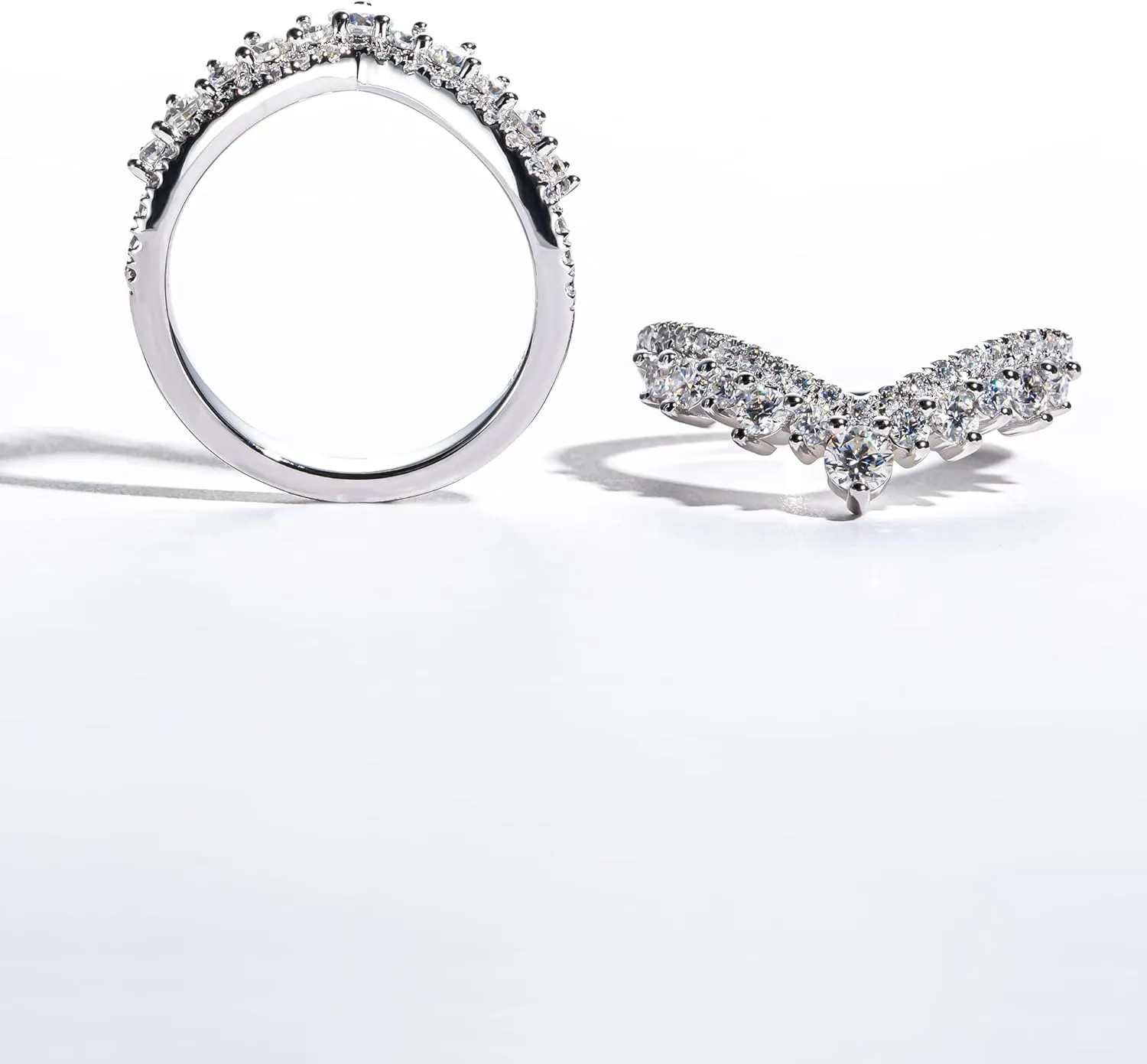 1.23 CTTW Moissanite Ring Enhancers 2 pieces Moissanite Curved Wedding Bands for Women Platinum-Plated Silver Eternity Stacking Rings Wrap Guard for Engagement Anniversary Ring