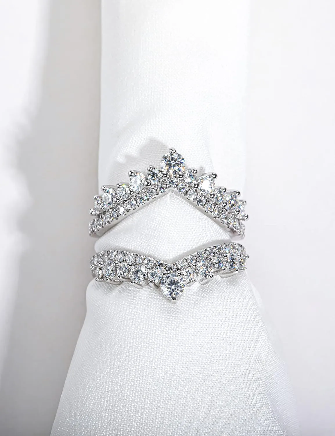 1.23 CTTW Moissanite Ring Enhancers 2 pieces Moissanite Curved Wedding Bands for Women Platinum-Plated Silver Eternity Stacking Rings Wrap Guard for Engagement Anniversary Ring