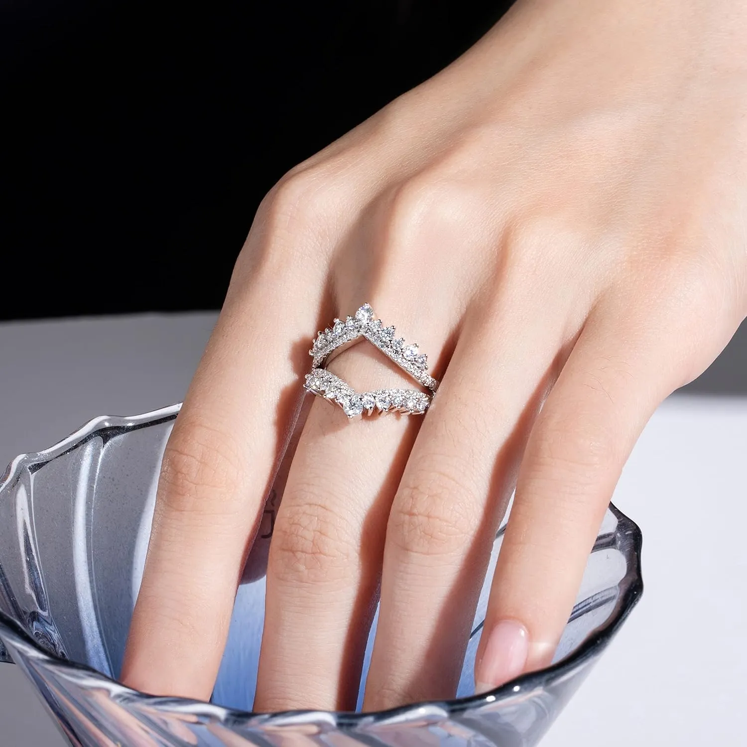 1.23 CTTW Moissanite Ring Enhancers 2 pieces Moissanite Curved Wedding Bands for Women Platinum-Plated Silver Eternity Stacking Rings Wrap Guard for Engagement Anniversary Ring