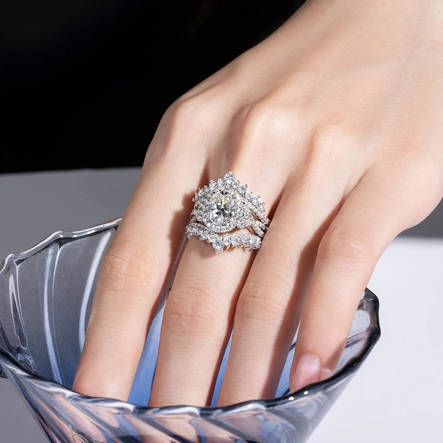 1.23 CTTW Moissanite Ring Enhancers 2 pieces Moissanite Curved Wedding Bands for Women Platinum-Plated Silver Eternity Stacking Rings Wrap Guard for Engagement Anniversary Ring