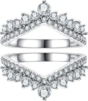 1.23 CTTW Moissanite Ring Enhancers 2 pieces Moissanite Curved Wedding Bands for Women Platinum-Plated Silver Eternity Stacking Rings Wrap Guard for Engagement Anniversary Ring