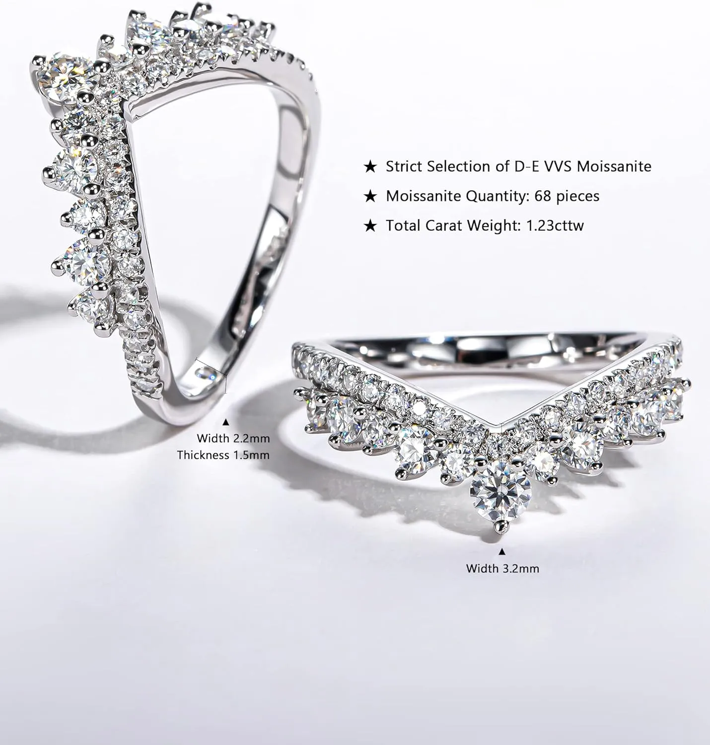 1.23 CTTW Moissanite Ring Enhancers 2 pieces Moissanite Curved Wedding Bands for Women Platinum-Plated Silver Eternity Stacking Rings Wrap Guard for Engagement Anniversary Ring