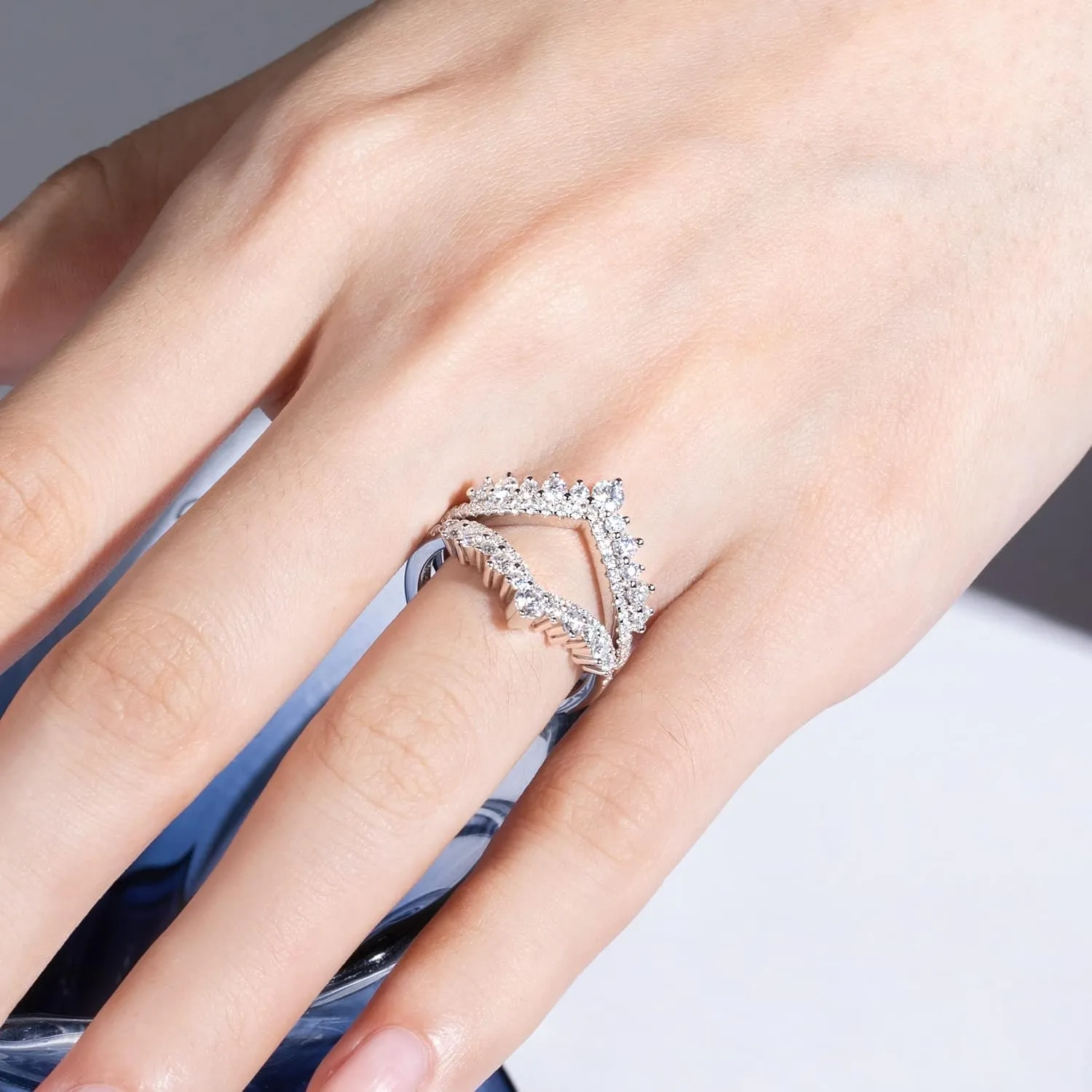 1.23 CTTW Moissanite Ring Enhancers 2 pieces Moissanite Curved Wedding Bands for Women Platinum-Plated Silver Eternity Stacking Rings Wrap Guard for Engagement Anniversary Ring