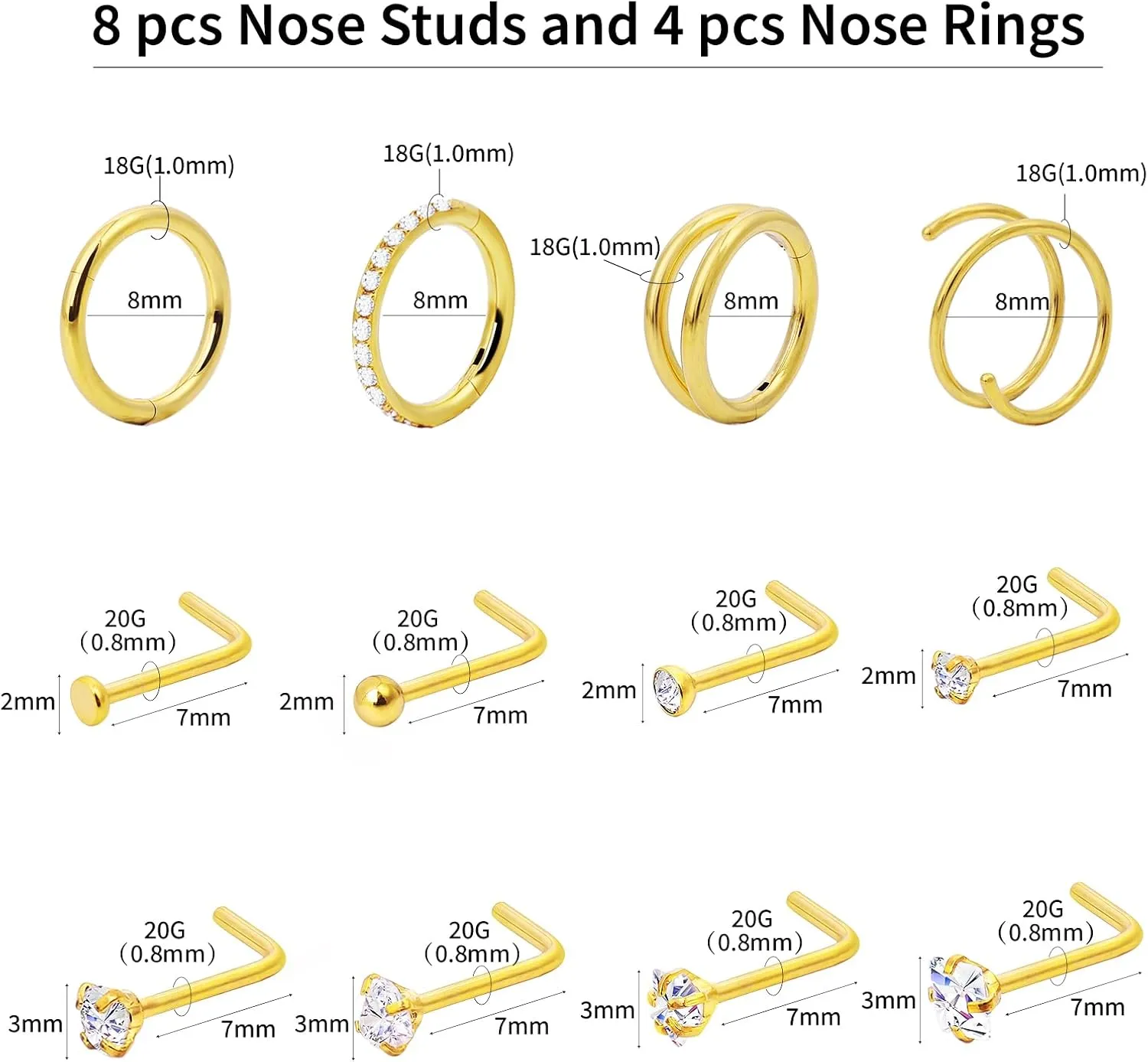12Pcs Nose Rings Hoops and Nose Studs: 16G/18G/20G 316L Surgical Steel Septum Nose Rings for Women Men - CZ Hinged Clicker Helix Tragus Daith Cartilage Earrings Silver Gold Body Piercing Jewelry Set