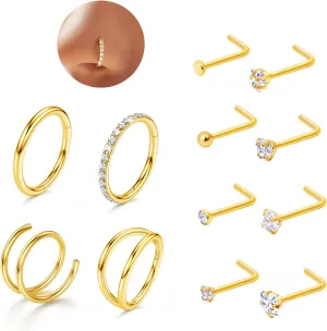 12Pcs Nose Rings Hoops and Nose Studs: 16G/18G/20G 316L Surgical Steel Septum Nose Rings for Women Men - CZ Hinged Clicker Helix Tragus Daith Cartilage Earrings Silver Gold Body Piercing Jewelry Set