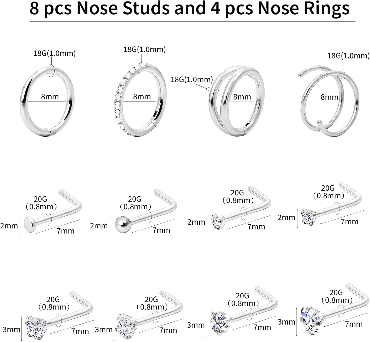 12Pcs Nose Rings Hoops and Nose Studs: 16G/18G/20G 316L Surgical Steel Septum Nose Rings for Women Men - CZ Hinged Clicker Helix Tragus Daith Cartilage Earrings Silver Gold Body Piercing Jewelry Set