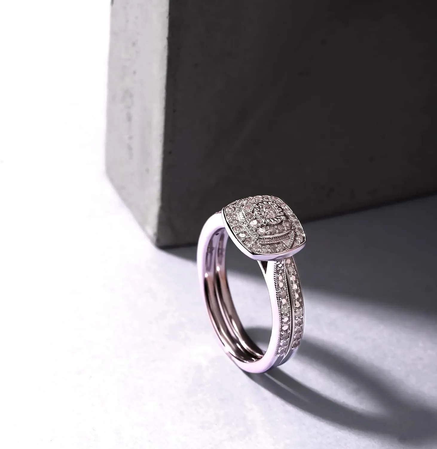 1/4cttw Diamond Double Halo Square Engagement Ring with Matching Diamond Wedding Band for Women in 925 Sterling Silver, Women's Silver Square Wedding Ring Set with Diamond Accented Bands