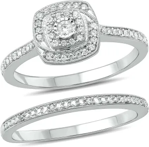 1/4cttw Diamond Double Halo Square Engagement Ring with Matching Diamond Wedding Band for Women in 925 Sterling Silver, Women's Silver Square Wedding Ring Set with Diamond Accented Bands
