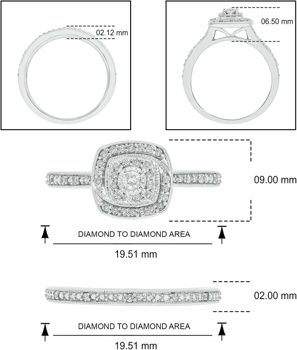 1/4cttw Diamond Double Halo Square Engagement Ring with Matching Diamond Wedding Band for Women in 925 Sterling Silver, Women's Silver Square Wedding Ring Set with Diamond Accented Bands