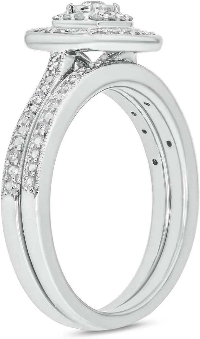1/4cttw Diamond Double Halo Square Engagement Ring with Matching Diamond Wedding Band for Women in 925 Sterling Silver, Women's Silver Square Wedding Ring Set with Diamond Accented Bands