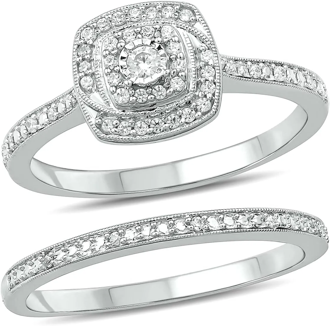 1/4cttw Diamond Double Halo Square Engagement Ring with Matching Diamond Wedding Band for Women in 925 Sterling Silver, Women's Silver Square Wedding Ring Set with Diamond Accented Bands
